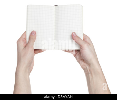 adult man hands shows open notebook, isolated Stock Photo