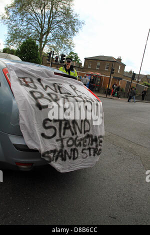 Car with British banner near Woolwich barracks. The occupants were asked to remove the banner by the police.. Stock Photo