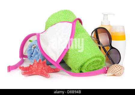 Swimming suit and beach items. Isolated on white background Stock Photo