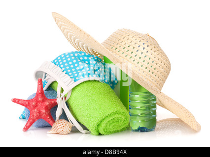 Swimming suit and beach items. Isolated on white background Stock Photo