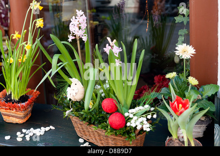 hyacinths and narcissus with happy Easters decoration on a window Stock Photo