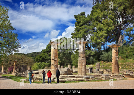 The Temple of Hera (also known as Heraion) is an ancient Doric Greek temple at Olympia, Ilia ('Elis'), Peloponnese, Greece. Stock Photo