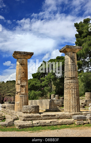 The Temple of Hera (also known as Heraion) is an ancient Doric Greek temple at Olympia, Ilia ('Elis'), Peloponnese, Greece. Stock Photo