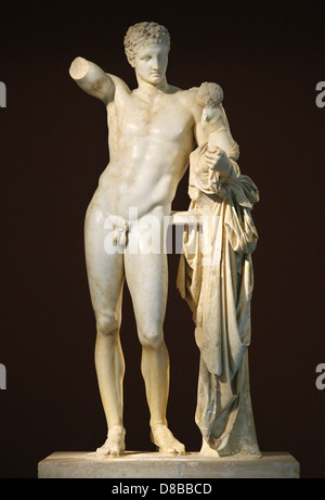 The Hermes of Praxiteles, eternal symbol of classical beauty at the archaeological museum of Ancient Olympia, Ilia, Greece. Stock Photo