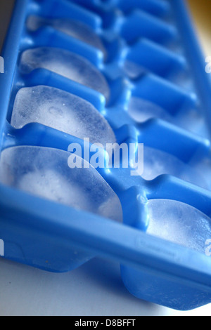 An ice cube tray filled with water, ready to freeze and form ice cubes. The tray is designed for easy removal of the cubes once frozen, typically made of plastic or silicone. Stock Photo