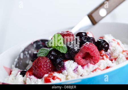 Cottage cheese in blue bowl with raspberries blueberries and mint Stock Photo