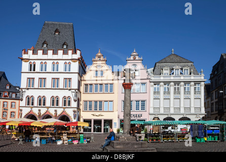 The medieval market cross on Hauptmarkt square, Steipe, Trier, Rhineland-Palatinate, Germany, Europe Stock Photo