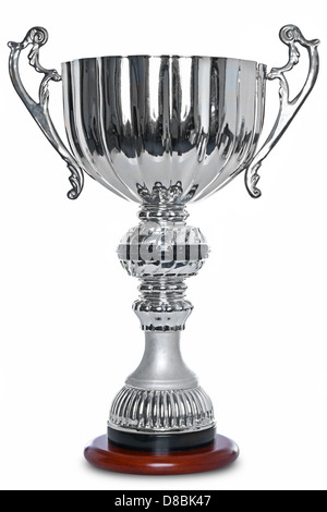 Photo of a large silver trophy on a wooden stand, isolated on a white background with clipping path. Stock Photo