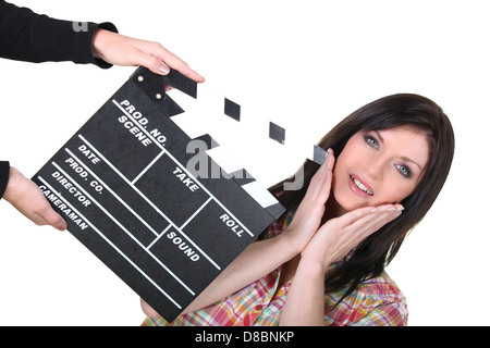 Actress preparing for the next take in filming Stock Photo