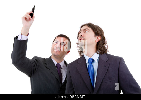 Young executive men drawing a graph or chart, isolated on white Stock Photo