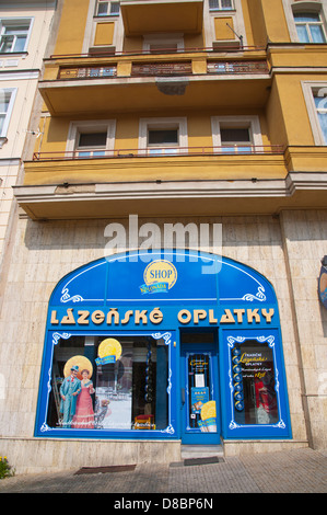 Shop selling Lazenske Oplatky the Spa wafers Marianske Lazne aka Marienbad spa town Karlovy vary region Czech Republic Europe Stock Photo