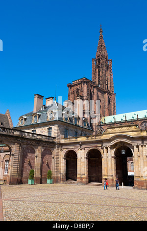 Courtyard of Rohan Palace in the background Cathedral Notre Dame Strasbourg, Alsace,France Stock Photo