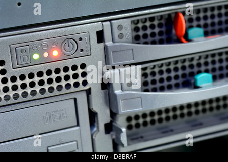 Macro shot of a data server with color diodes. Stock Photo