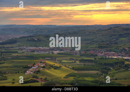 Aerial view of hills and vineyards of Lange at sunrise in Piedmont, Northern Italy. Stock Photo