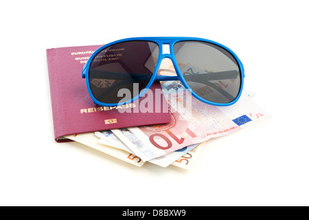 sunglasses on top of german passport and european currency bills Stock Photo