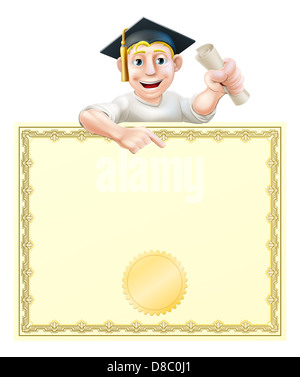 Cartoon man in graduate cap holding certificate, diploma or other qualification, peeping over a certificate and pointing Stock Photo