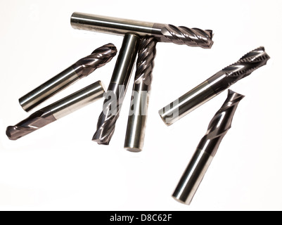 Professional cutting tools. Solid carbide end mills mixed together. Stock Photo