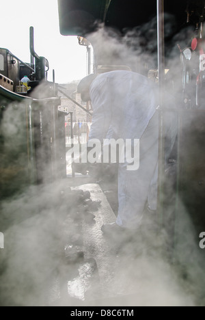 Fireman on a steam train in Llangollen a small town and community in Denbighshire, north-east Wales Stock Photo