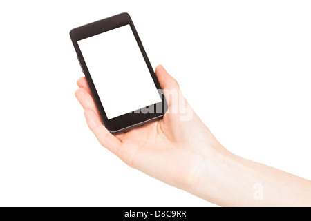 Hands holding smart phones isolated on white background Stock Photo