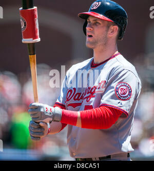 San Francisco, California, USA. 22nd May 2013. Washington Nationals left fielder Bryce Harper (34) in action during the MLB baseball game between the Washington Nationals and the San Francisco Giants at AT&T Park in San Francisco CA. The Nationals defeated the Giants 2-1. © Cal Sport Media / Alamy Live News Stock Photo