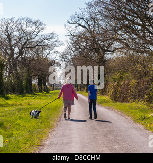 A woman and her son walking the dog down a country lane in Sotterley , Suffolk , England , Britain , Uk Stock Photo