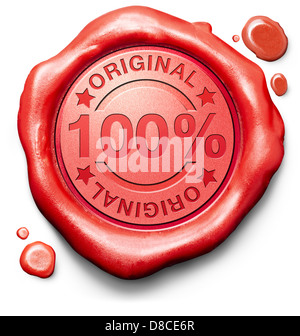 original authentic content or product quality label authenticity guaranteed 100% originality new innovation red wax seal stamp Stock Photo