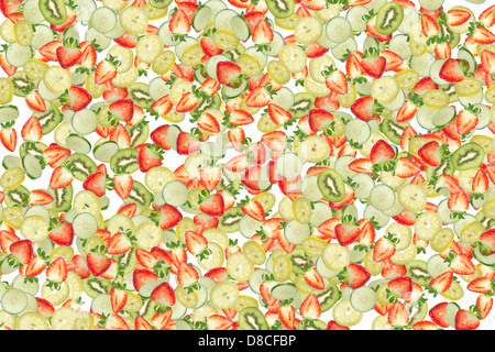 Falling pieces of assorted fruits isolated on white background. Stock Photo
