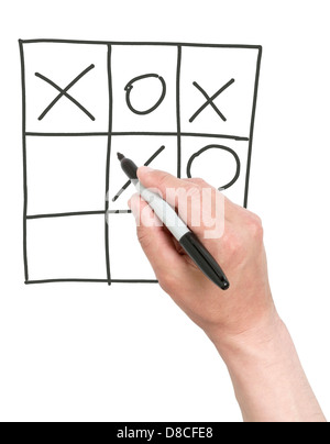 Hand drawing a cross in tick-tack-toe game. Isolated on white. Stock Photo