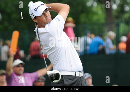 May 24, 2013 - Ft. Worth, TX, United States of America - Texas native and first round leader Ryan Palmer watches his shot off the number three tee during the second round of play at the Crowne Plaza Invitational hosted by the Colonial County Club in Ft. Worth, Texas, on Friday May 29, 2013. Stock Photo