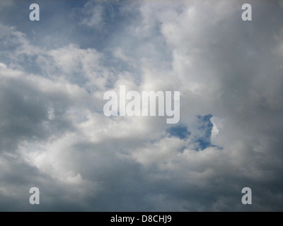 A clear view of clouds in the sky, with various types of clouds including cumulus and cirrus, scattered across a blue backdrop. This atmospheric image captures the different cloud formations and their role in weather patterns and the overall climate. Stock Photo