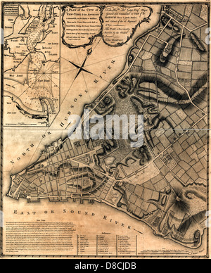 A plan of the city of New York & its environs to Greenwich, on the North or Hudsons River, and to Crown Point, on the East or Sound River, shewing the several streets, public buildings, docks, fort & battery, with the true form & course of the commanding grounds, with and without the town. 1766 Stock Photo