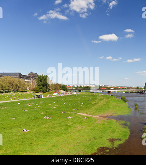 Dresden - Elbwiese (Elbe river meadows) from the Augustus bridge; Saxonia, Germany, Europe Stock Photo