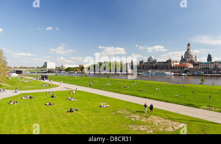 Dresden - Elbwiese (Elbe river meadows) from the Augustus bridge; Saxonia, Germany, Europe Stock Photo