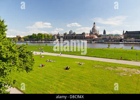 Dresden - Elbwiese (Elbe river meadows) from the Augustus bridge; Saxonia, Germany, Europe Stock Photo