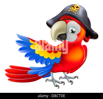 A red parrot cartoon wearing a pirates hat and eye patch and pointing with his or her wing Stock Photo