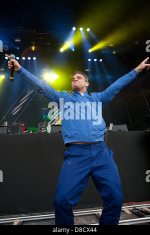 International singing sensation Robbie Williams joined rap star Dizzy Rascal on stage at the Radio1's One Big Weekend in Derry, Londonderry. Stock Photo