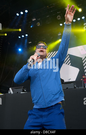 International singing sensation Robbie Williams joined rap star Dizzy Rascal on stage at the Radio1's One Big Weekend in Derry, Londonderry. Stock Photo