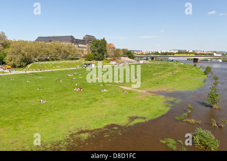 Dresden - Elbwiese (Elbe river meadows) from the Augustus bridge; Saxonia, Germany, Europe Stock Photo