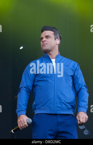 International singing sensation Robbie Williams joined rap star Dizzee Rascal on stage at the Radio1's One Big Weekend in Derry, Londonderry. Stock Photo