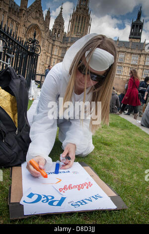 2013-05-25 Westminster, London.A woman prepares her placard bearing the logos of several well known corporations that she accuses of being involved in GMO practices. Stock Photo