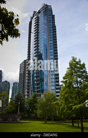 Example of a high-rise tower, with a lone window washer, in downtown Vancouver, Canada Stock Photo