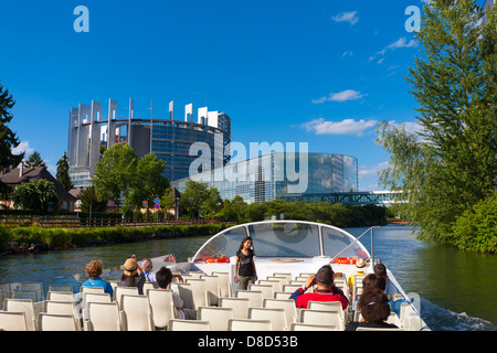 View from tourist boat on the Ill river and the European Parliament Strasbourg, Alsace, France