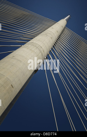 Part of construction of new Belgrade biggest bridge with one tower ( pylon) in the world. Bridge on river Sava, Serbia. Stock Photo