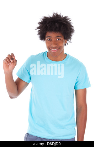 Young black teenage student men writing on the screen, isolated on white background - African people Stock Photo