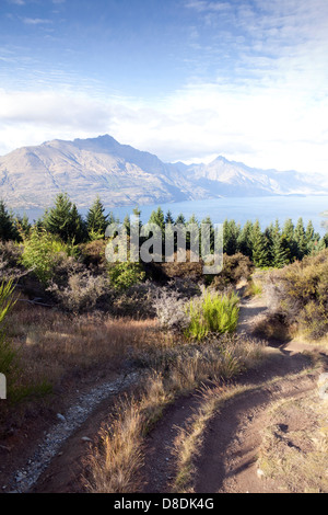 A view of Lake Wakatipu from the Queenstown Hill in the South Island of New Zealand Stock Photo