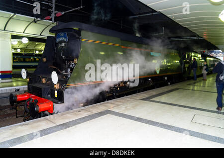 London, UK. 25th May, 2013. Steam trains return to Liverpool Street Station. steam locomotive 34067 Tangmere at London Liverpool Street station on Saturday 25th May 2013 on the Anniversary Fenman special train to Kings Lynn.  Regular steam traction ceased in this station in 1960. The locomotive was built in 1947 and is one of the battle of Britain class Stock Photo