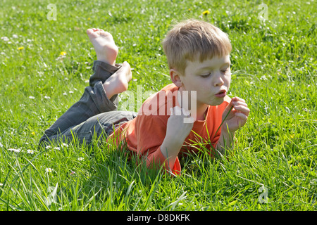 portrait of a young boy enjoying the sunny weather lying in a meadow Stock Photo