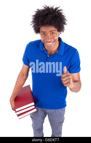Young black teenage student men holding books, isolated on white background - African people Stock Photo
