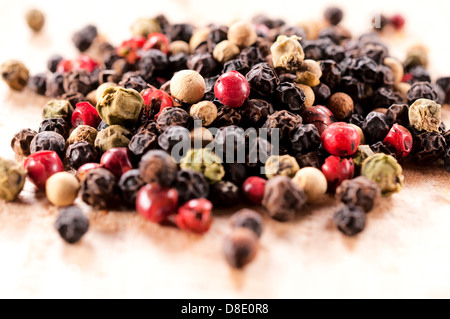 Selective focus on the red pepper on top Stock Photo