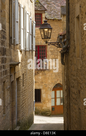 Wrought iron street lamps in front of the carved stone facade of the ...